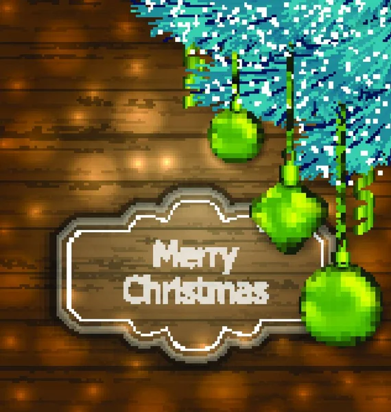 带圆球和冷杉树枝的木制纹理图解圣诞卡 光量矢量 — 图库矢量图片