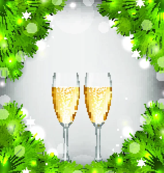 Illustration Joyeux Noël Fond Avec Des Lunettes Champagne Branches Sapin — Image vectorielle