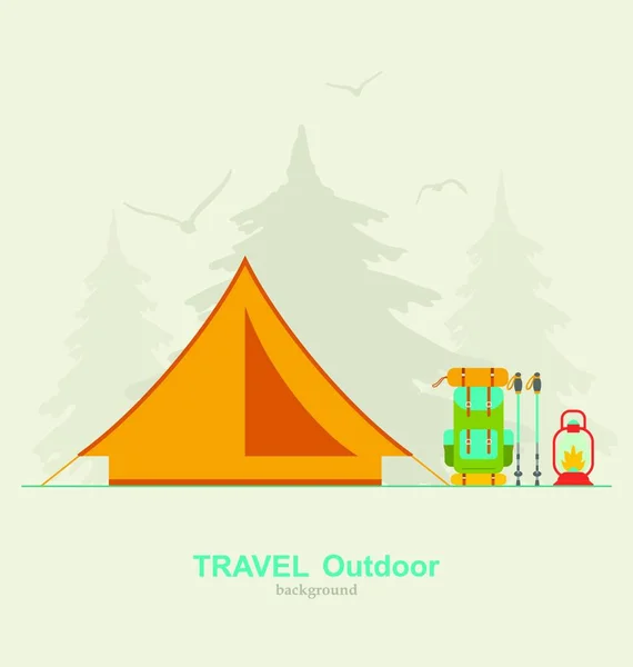 Ilustração Viagem Camping Fundo Com Tenda Turística Mochila Lanterna Pólo — Vetor de Stock