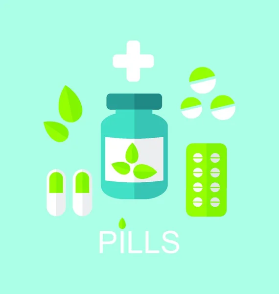 Illustration Flat Icon Tablets Pills Capsules Drugs Leaves Alternative Medicine — Stock Vector