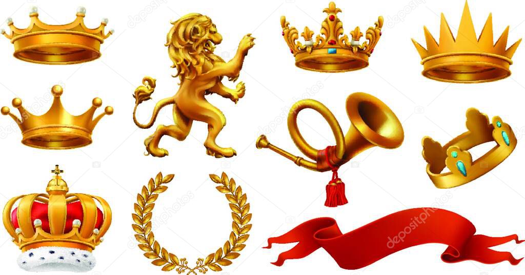 Gold crown of the king. Laurel wreath, trumpet, lion, ribbon. 3d vector icon set