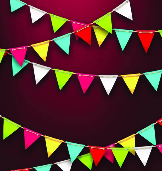 イラストパーティー休日のためのカラフルなバンティングフラグと背景 ポスター ポストカード フライヤーのための明るいテンプレート ベクトル — ストックベクタ