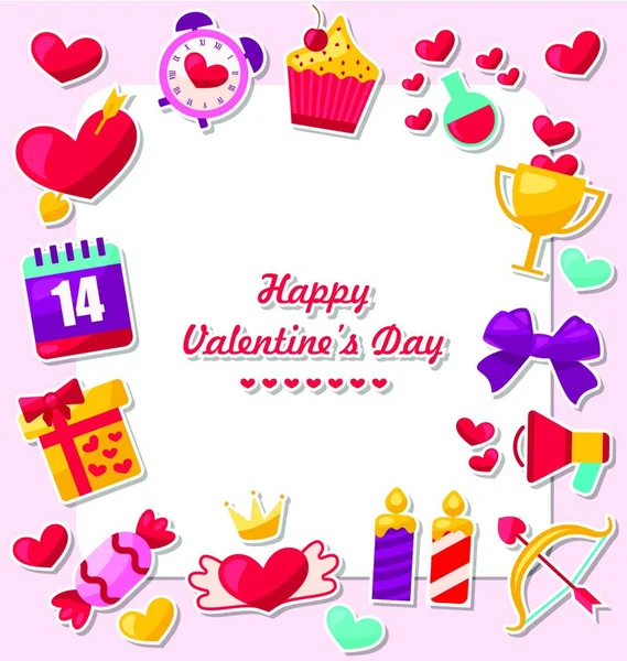 Illustration Celebration Card Valentine Day Flat Valentine Icons Heart Crown — Stock Vector