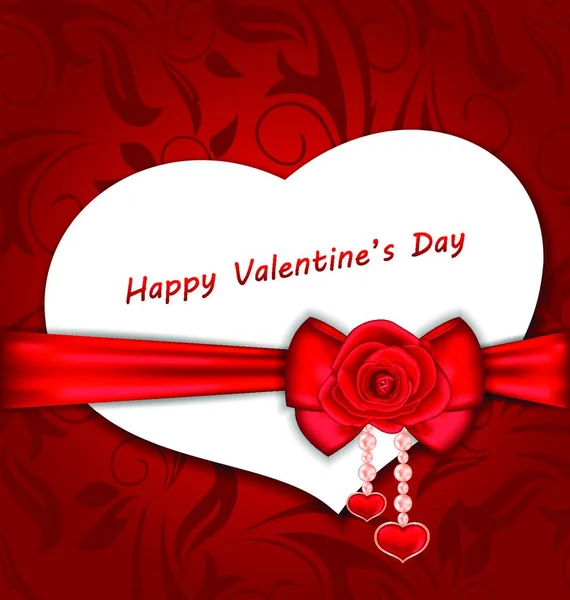 插图庆祝卡心形用丝弓和红玫瑰的情人节那天 — 图库矢量图片