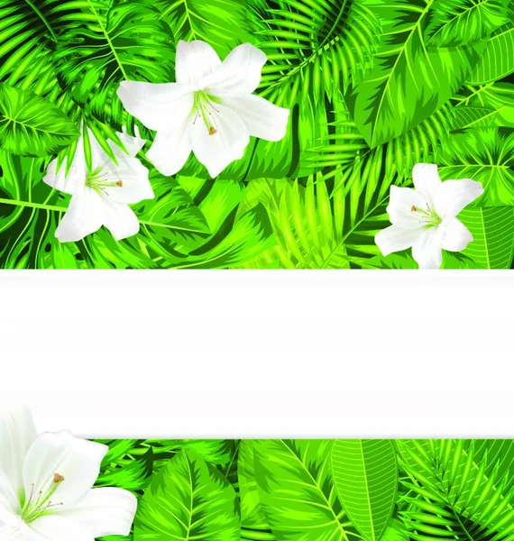 熱帯の葉と白い花のユリ テキストのためのスペース デザインテンプレートとフレームの境界線の背景ブランチ ベクトル — ストックベクタ