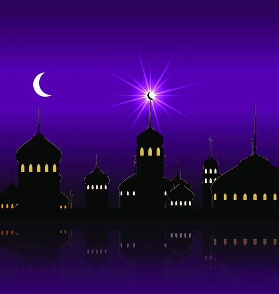 Ramadan Kareem Night Achtergrond Met Silhouet Moskee Minaretten Illustratie Ramadan — Stockvector