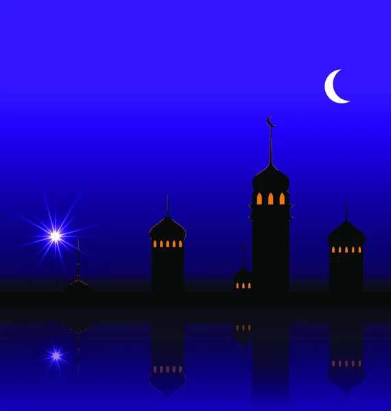 Ramadan Kareem Night Achtergrond Met Silhouet Moskee Minaretten Illustratie Ramadan — Stockvector