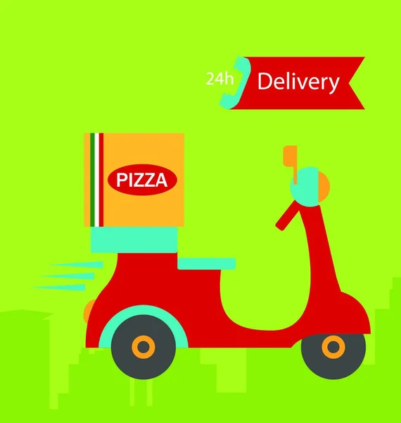 Zabawny Dostawca Pizzy Jeżdżący Czerwonym Motocyklu Ilustracja Kolorowy Baner Pizza — Wektor stockowy