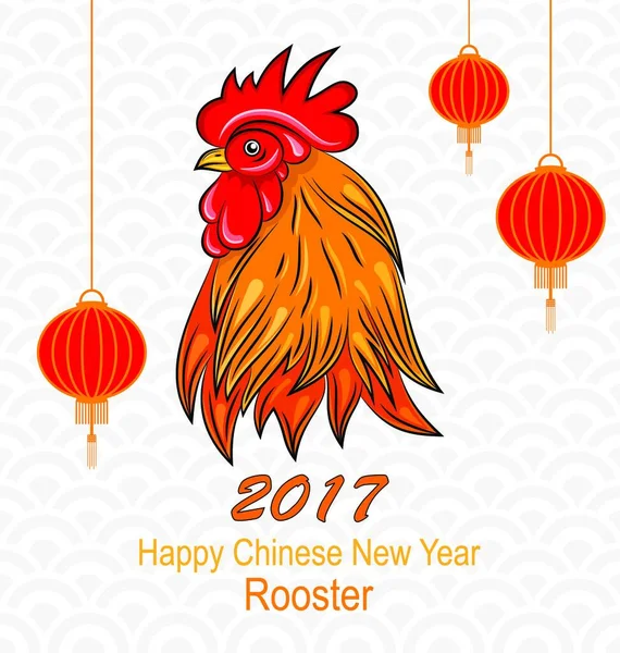 Hoofd Van Rooster Met Chinese Lantaarns Voor Gelukkig Nieuwjaar Illustratie — Stockvector