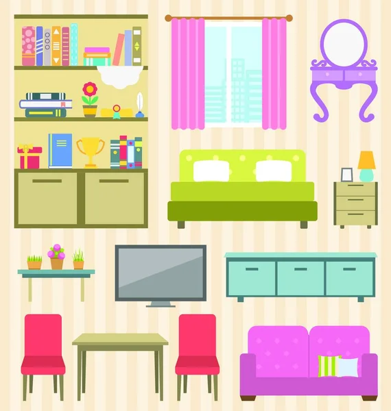 Illustration Set Colorful Furniture Room Your Interior Apartment Icônes Objets — Image vectorielle