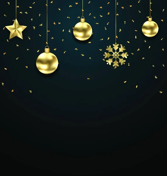 Illustratie Kerst Donkere Achtergrond Met Gouden Baubles Groet Banner Vector — Stockvector