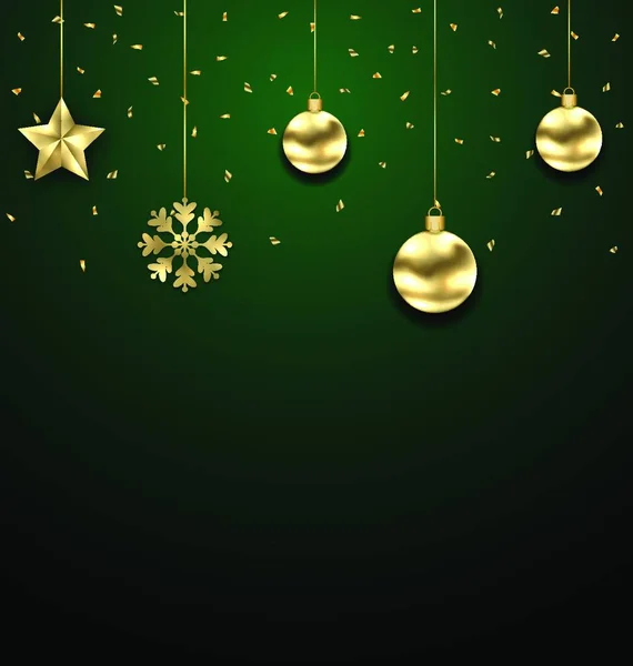 Різдвяні Золоті Висячі Кульки Темно Зеленому Тлі Ілюстрація Різдвяні Золоті — стоковий вектор