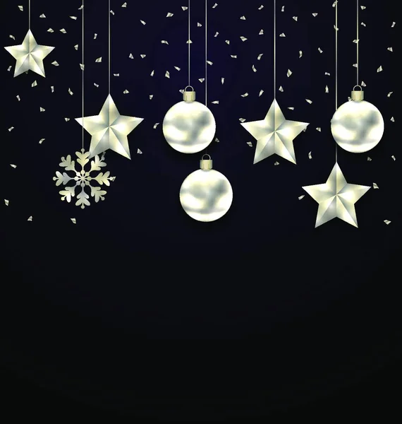 Illustration Christmas Dark Background Silver Balls Stars Snowflakes Vector — 스톡 벡터