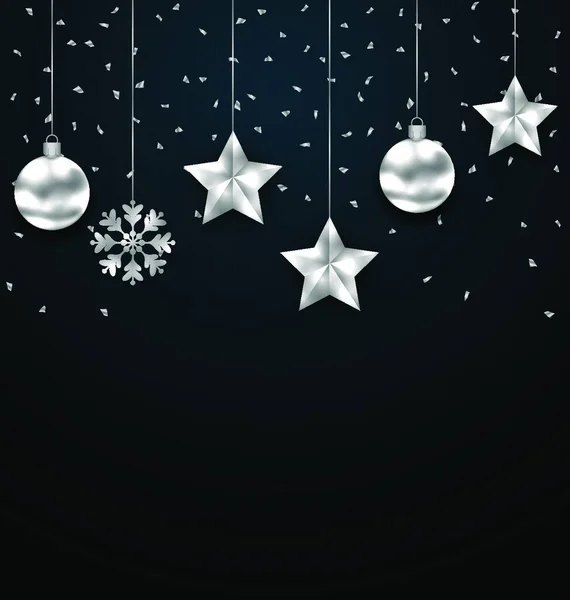 Ilustração Fundo Escuro Natal Com Bolas Prata Banner Luxo Cumprimentando —  Vetores de Stock