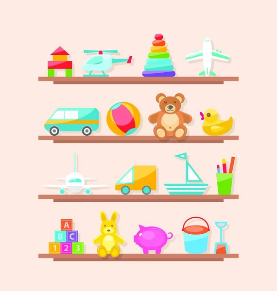 Zestaw Kolorowych Zabawek Dla Dzieci Półce Kreskówkowe Radości Ilustracja Zestaw — Wektor stockowy