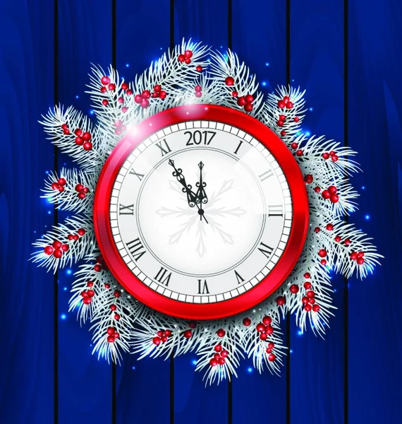 图解圣诞枞树小枝与时钟在2017年新年 装饰蓝色木制背景 — 图库矢量图片