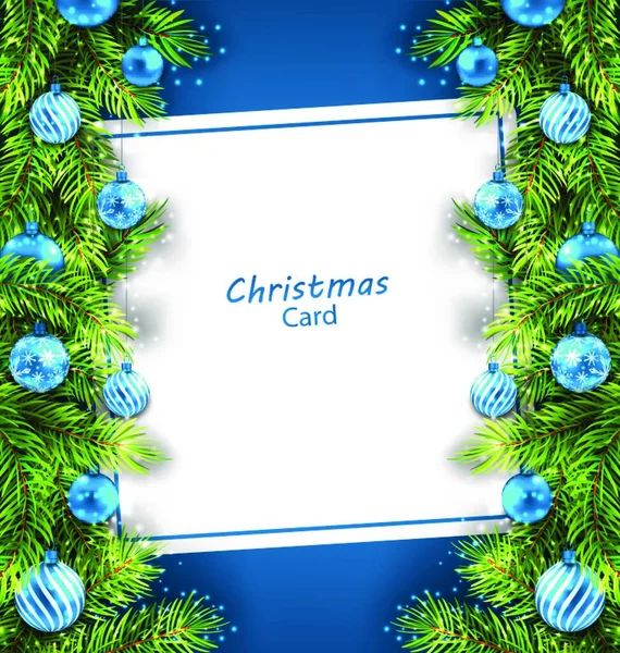 Illusztráció Karácsonyi Kártya Fir Gallyak Üveggolyók Ünnepi Kék Háttér Vector — Stock Vector