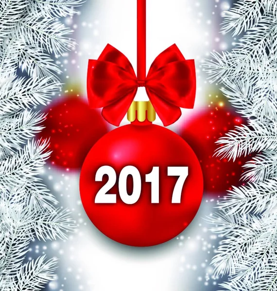 Fond Vacances Avec Branches Sapin Argenté Boule Noël Rouge Illustration — Image vectorielle
