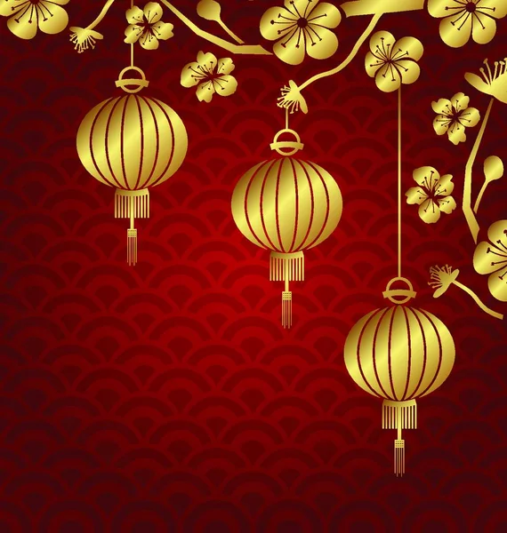 Japanse Chinese Gouden Achtergrond Met Lantaarns Sakura Illustratie Japanse Chinese — Stockvector