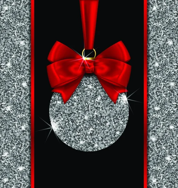 Illustration Glitercard Christmas Ball Red Bow Ribbon Silver Surface Twinkle — 스톡 벡터