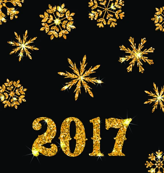 Ilustracja Złota Karta Uroczystości Szczęśliwego Nowego Roku 2017 Błyszczącymi Płatkami — Wektor stockowy