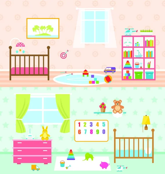 Σύνολο Εικονογράφησης Playrooms Kids Baby Rooms Εσωτερικών Cradle Window Carpet — Διανυσματικό Αρχείο