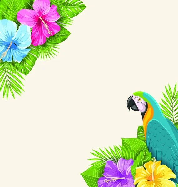 Ilustración Verano Fondo Exótico Con Loro Ara Flores Hibisco Hojas — Vector de stock