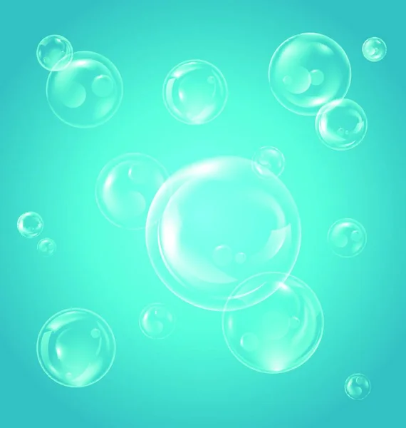 Burbujas Jabón Transparentes Realistas Con Reflexión Sobre Fondo Azul Ilustración — Vector de stock