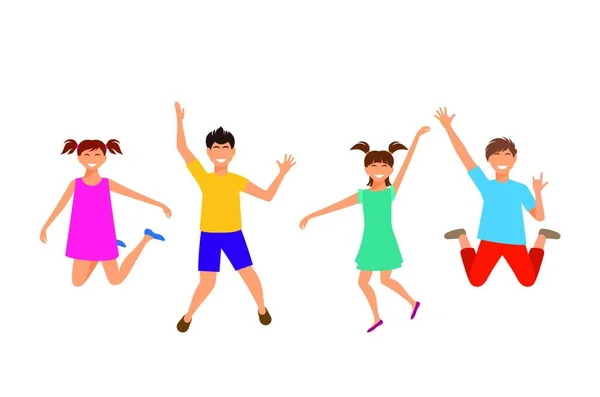 Felice Cartone Animato Allegro Giovani Ragazze Ragazzi Che Saltano Bambini — Vettoriale Stock
