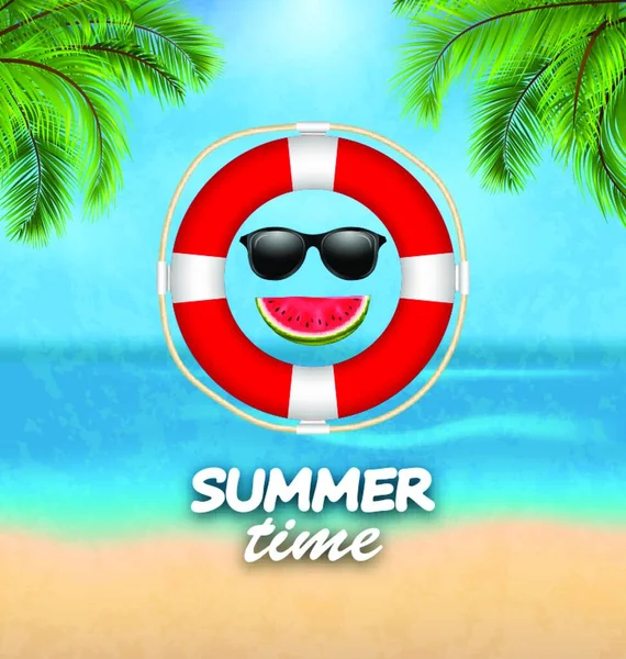 Nyári Időszámítás Palm Leaves Lifebuoy Beach Template Poster Summer Holidays — Stock Vector