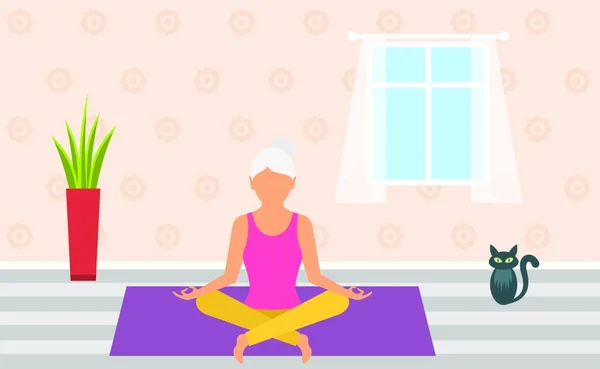Adult Woman Meditating Pose Lotus Home Interior Leisure Pensioner Adult — Stock Vector