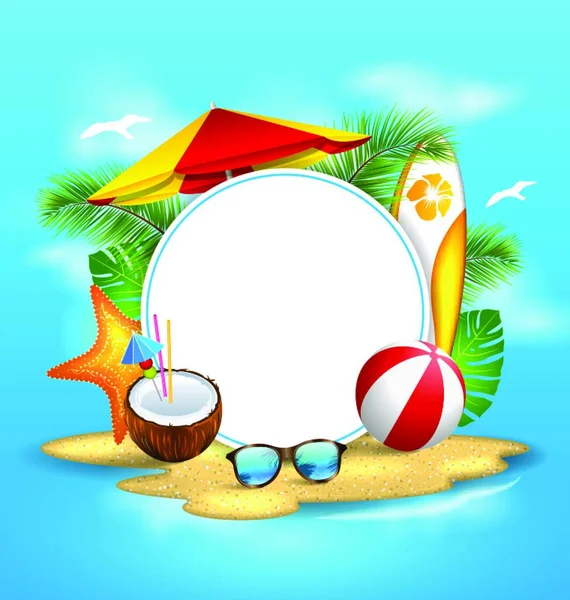 Zomer Achtergrond Met Zee Eiland Strand Paraplu Illustratie Zomer Achtergrond — Stockvector