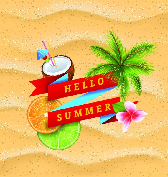 Hallo Sommer Banner Mit Blumen Kokosnusscocktail Palmblättern Orangen Und Limettenscheiben — Stockvektor