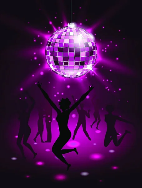 Silhouette People Dancing Night Club Disco Ball Glitter Party Background — стоковий вектор