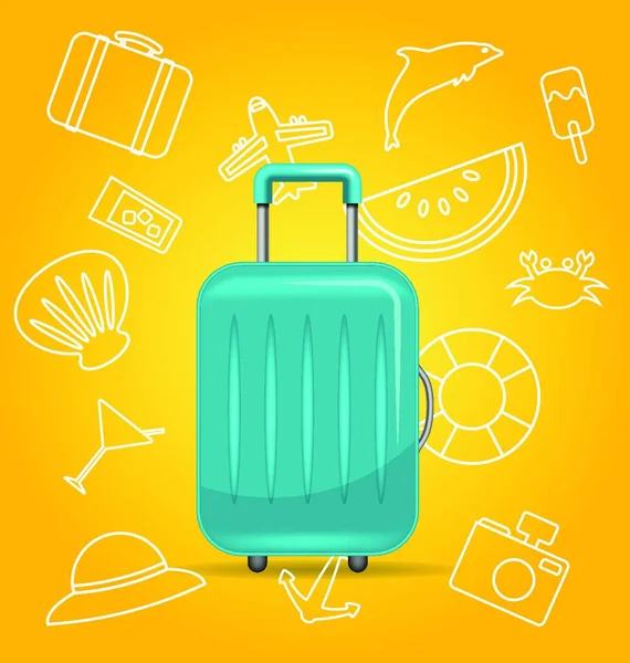 现实的聚碳酸酯套件 黄色背景下的旅游行李 具有夏季元素的黄色背景下的写实主义聚碳酸酯套件 图解向量 — 图库矢量图片