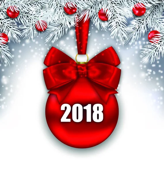 Nový Rok Pozadí Skleněnou Červenou Koulí Stříbrné Větve Jedle Tree — Stockový vektor