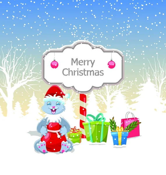 プレゼントボックス サンタバッグ クリスマスと新年のデザインのクリスマスウサギ クリスマスのうさぎとプレゼントボックス サンタバッグ クリスマスと新年のデザイン イラストベクトル — ストックベクタ