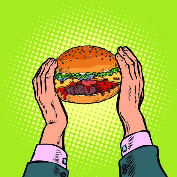 Руки Держат Бургер Ресторан Быстрого Питания Ретро Векторная Иллюстрация Поп — стоковый вектор