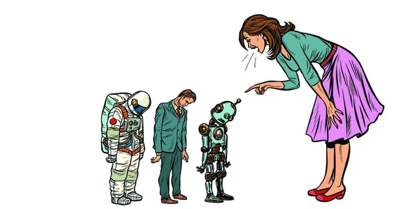 Woman Scolds Businessman Spaceman Robot Pop Art Retro Vector Illustration — Stock Vector