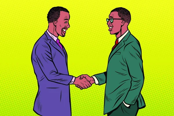 Afrykańscy Biznesmeni Uścisną Sobie Dłoń Pop Art Retro Wektor Ilustracja — Wektor stockowy