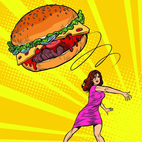 Vrouw Gooit Burger Fastfood Dieet Gezond Eten Pop Art Retro — Stockvector