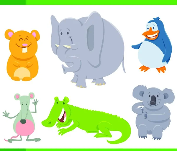 Dibujos Animados Ilustración Divertidos Animales Felices Personajes Set — Vector de stock
