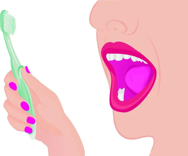 Dziewczyna Czyści Zęby Szczoteczka Zębów Dłoni Otwarte Usta Wektor Higieny — Wektor stockowy