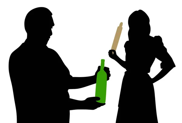 Illustration Mari Regardant Une Bouteille Alcool Une Femme Colère Tenant — Image vectorielle