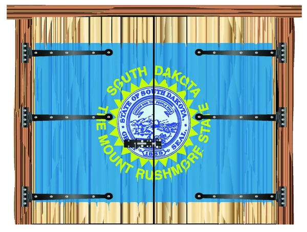 大きな閉じた木製の納屋の二重ドアボルトとヒンジとサウスダコタ州の国旗が描かれています — ストックベクタ