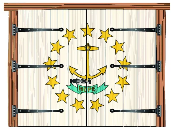 Duże Zamknięte Drewniane Drzwi Dwuskrzydłowe Śrubą Zawiasami Oraz Flaga Stanu — Wektor stockowy