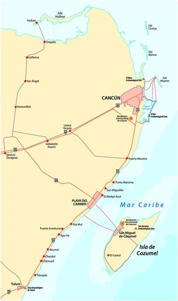 リビエラ マヤとホルボックス島のロード ベクトル地図 メキシコ — ストックベクタ