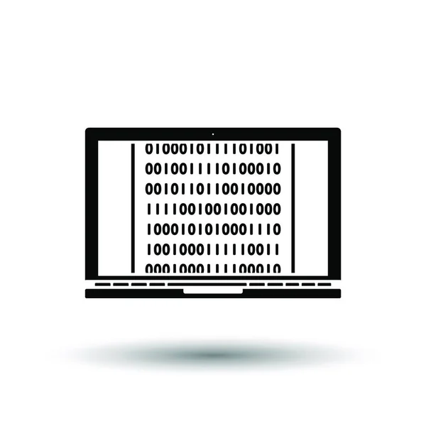 笔记本电脑与二进制代码图标 带阴影的白色背景上的黑色 矢量插图 — 图库矢量图片