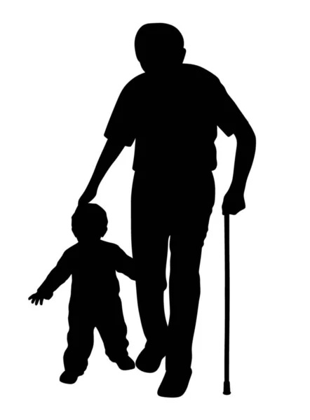 スティックと子供が歩くおじいちゃんのイラストシルエット 孤立した白い背景 利用可能な Eps ファイル — ストックベクタ