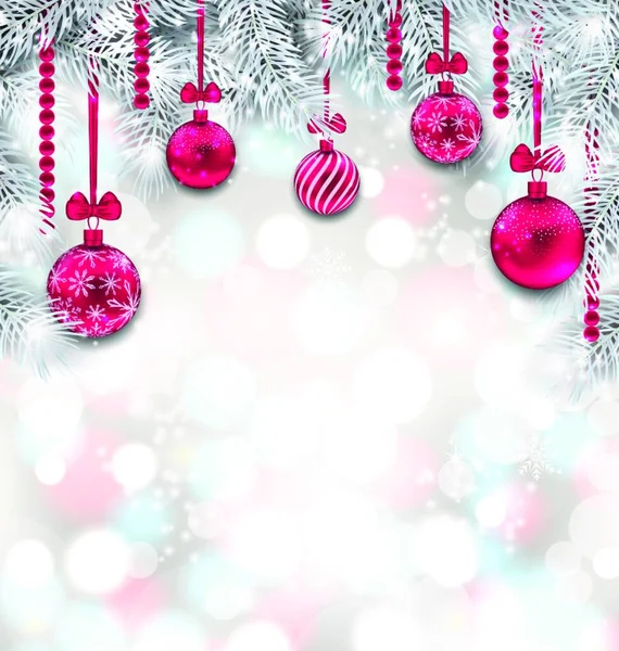 Glanzend Licht Behang Met Fir Branches Kerstmis Pink Balls Glanzend — Stockvector